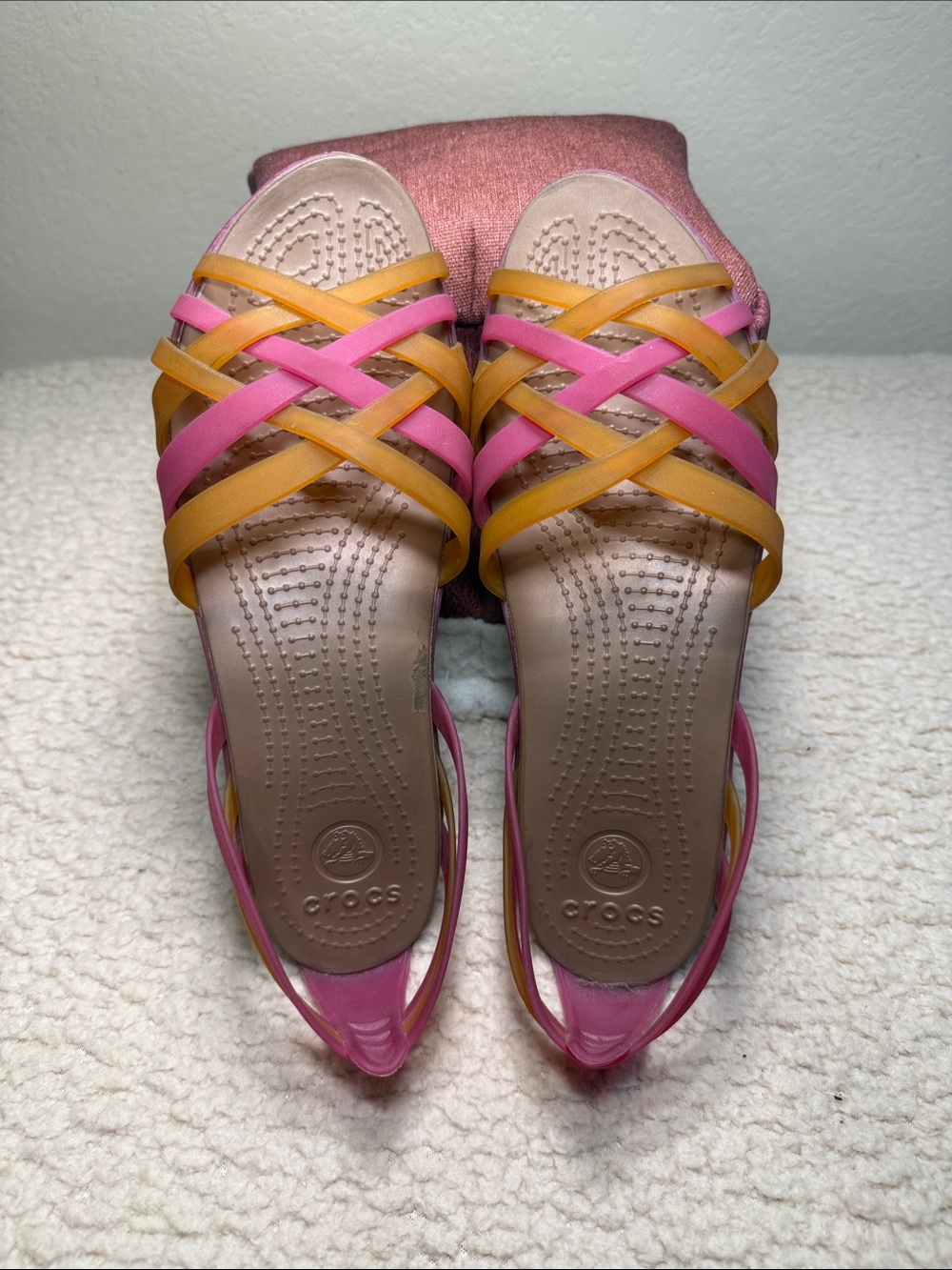 CROCS Women's Pink and Yellow Woven Slingback Sandals